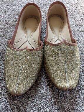 J. Crew Gold Embroidered Slip-On Moccasins with Tan Trim